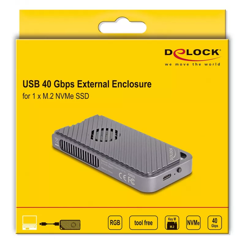 Caixa para SSD DELOCK 42025 para 1 x M.2 (PCIe, USB4 Gen4, USB-C) cinzenta, alumínio