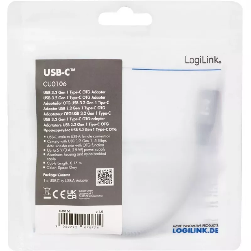Adaptador LogiLink USB 3.2 Gen1 Type-C C/M para USB-A/F OTG alumínio 0,15 m