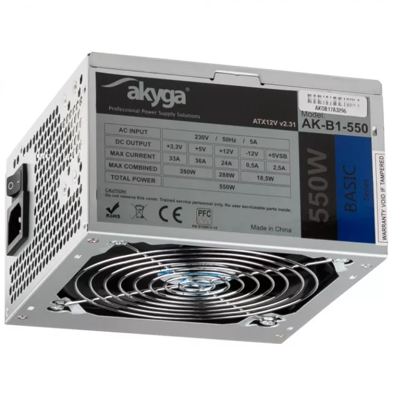Fonte de alimentação ATX Akyga Basic AK-B1-550 550 W, ventoinha de 120 mm, PFC passivo, cinzento
