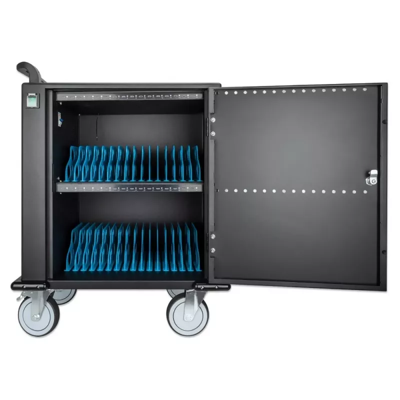 Carrinho de carregamento/trolley Manhattan 32 vias via USB-C para iPad até 13 polegadas, MacBook Air até 13 polegadas e Chromebook até 14 polegadas, também outros tablets/smartphones (com cabo dispositivo-para-USB-C), compartimentos 330x22x235 mm, cabo de carregamento do dispositivo não incluído (recomendado cabo USB-C 35