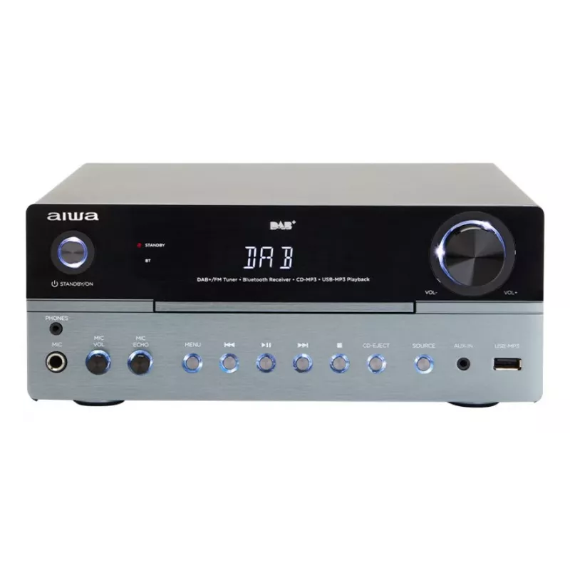 Micro-sistema de áudio doméstico Aiwa MSBTU-700DAB — 25 W RMS, DAB+/FM, Bluetooth 10 m, gaveta para CD, visor LED, preto/azul ártico