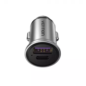 Carregador de automóvel Vention duas portas USB A+A (30+30) cinzento estilo mini liga de alumínio tipo