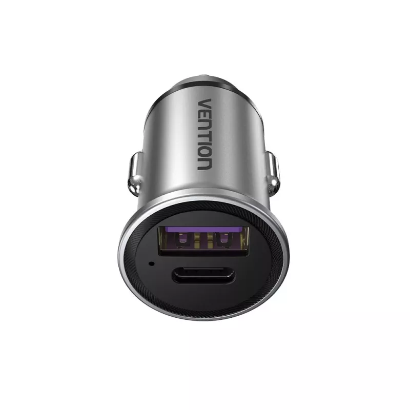 Carregador de automóvel Vention duas portas USB A+A (30+30) cinzento estilo mini liga de alumínio tipo