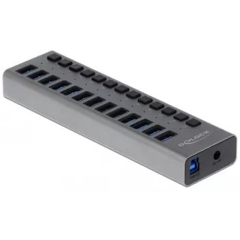 DeLOCK Hub USB externo 5 Gbit/s com 13 portas + interruptor, USB 3.2 Gen 1 (3.1 Gen 1) Type-B, USB 3.2 Gen 1 (3.1 Gen 1) Type-A, 5000 Mbit/s, Cinzento, Alumínio, 1 m