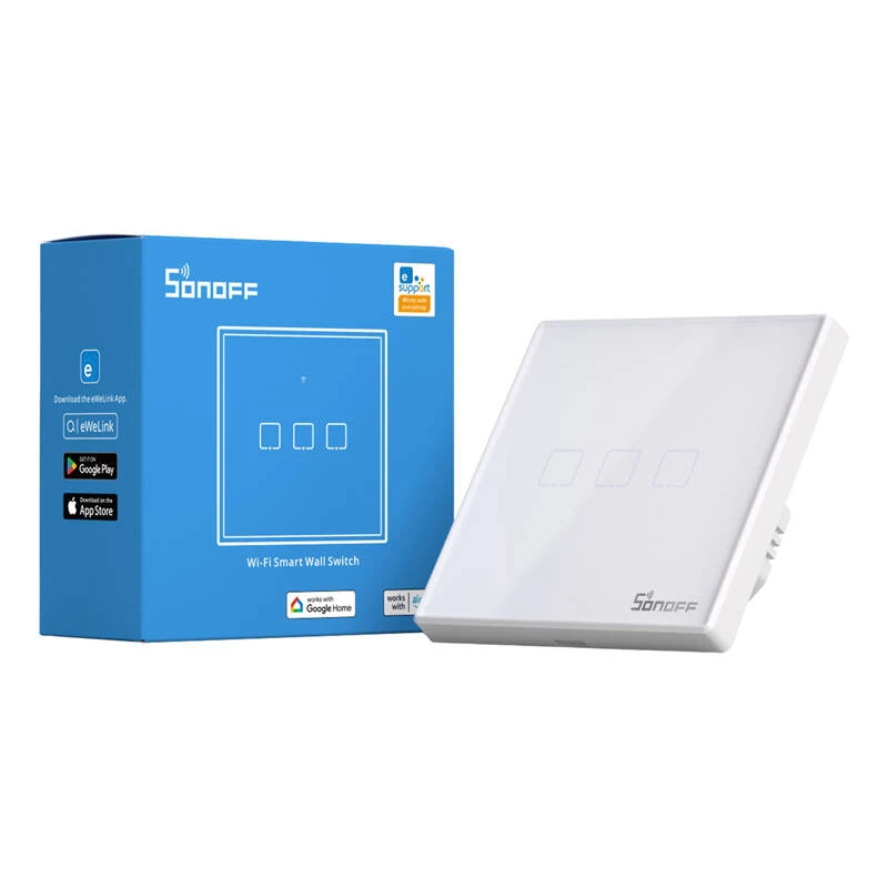 Interruptor de luz inteligente de parede Sonoff T2 EU TX 3 canais Wi‑Fi + RF 433 controlo
