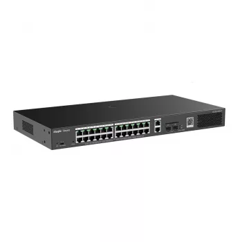 Switch gerido RUIJIE RG-ES228GS-P — 26x Gigabit RJ-45, 24x portas PoE, orçamento PoE 370W, 2x SFP, montagem em rack metálico