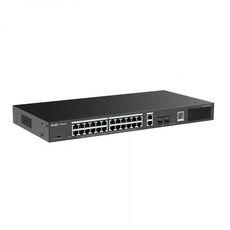 Switch gerido RUIJIE RG-ES228GS-P — 26x Gigabit RJ-45, 24x portas PoE, orçamento PoE 370W, 2x SFP, montagem em rack metálico