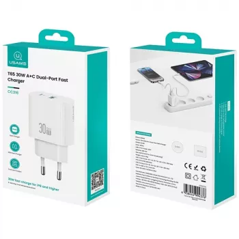 Carregador usams USA001632 30W 1×USB-C 1×USB-A carregamento rápido