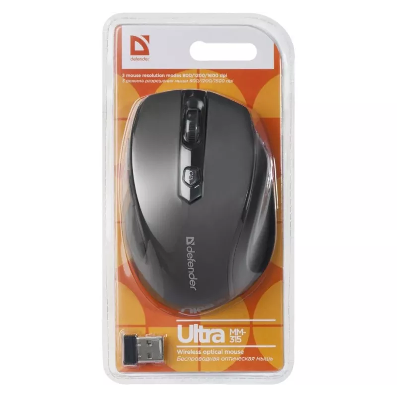 Rato ótico sem fios RF para destro DEFENDER ULTRA MM-315 — 1600 DPI, 6 botões, recetor USB, preto