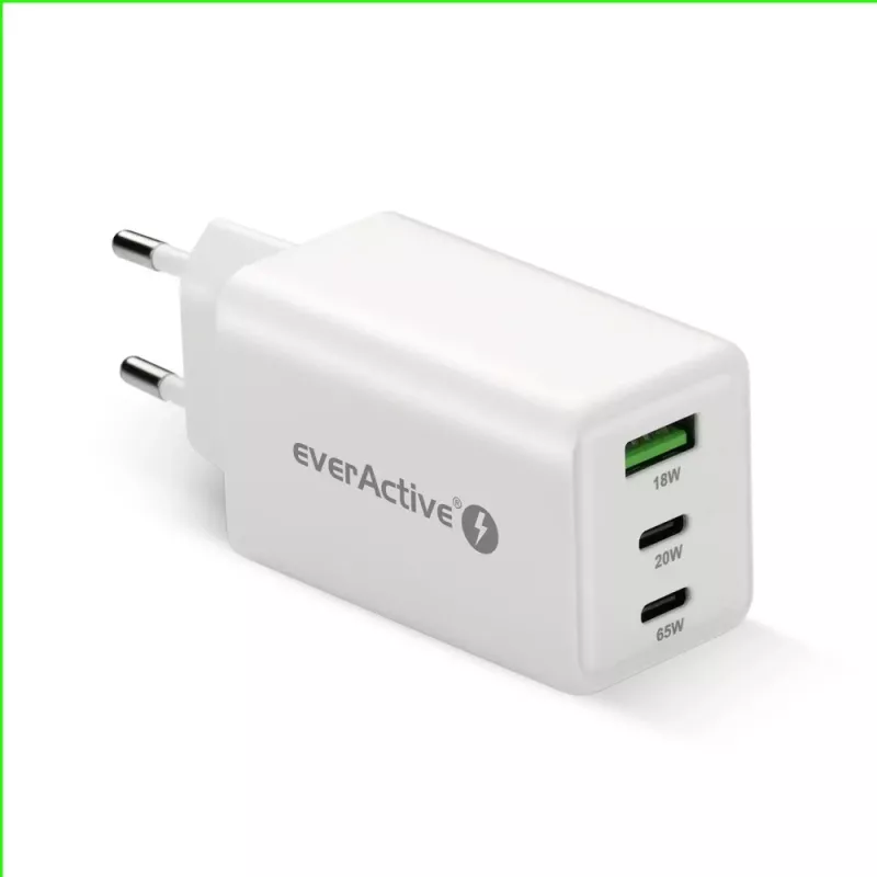 Carregador everActive SQ-655Q 65W, 1×USB-A + 2×USB-C carregamento rápido