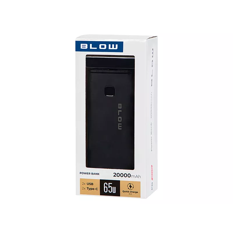 Powerbank portátil BLOW PB20G 20000mAh PD 65W, entrada/saída USB-C, 2 saídas USB-A, preto