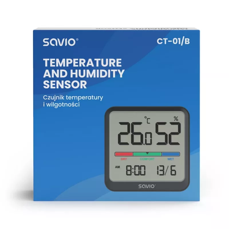 Savio CT-01/B sensor sem fios de temperatura e humidade para interior, LCD, relógio, data, suporte magnético, preto