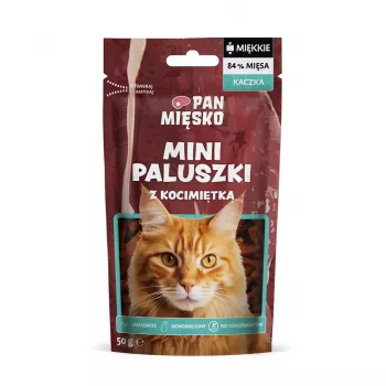 Pan Miesko Sticks de Pato Mini com erva-gateira 50 g — snack hipoalergénico, sem cereais e sem soja para gatos adultos