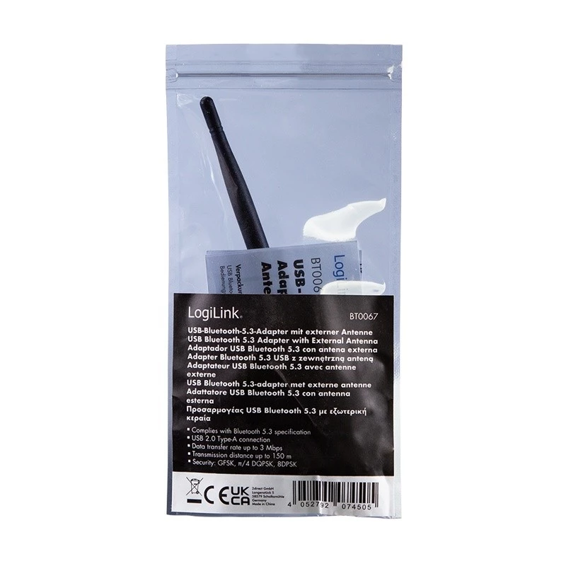 Adaptador USB - Bluetooth 5.3 LogiLink com antena, preto alcance: 150 m, ligação: ficha USB-A, Bluetooth - 1 unid. (BT0067)