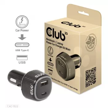 Carregador de automóvel para notebook/portátil CLUB3D 63 Watt, automóvel, isqueiro, 24 V, preto