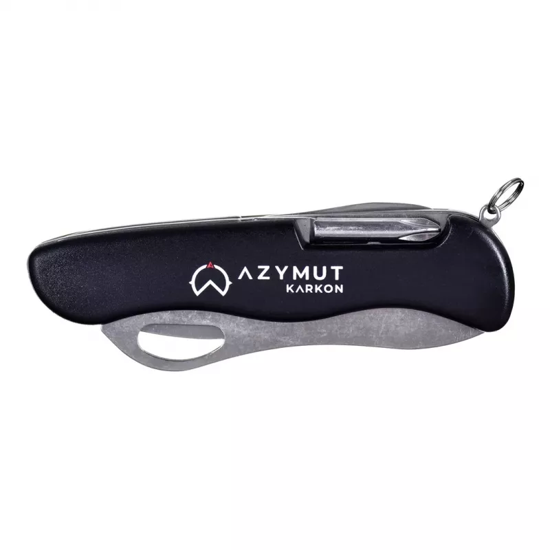 Faca de bolso AZYMUT HK20018 — multiferramenta completa, 9 funções, aço inoxidável 420J2/3CR13, fechada 11 cm, 146 g, estojo de couro, porta-chaves