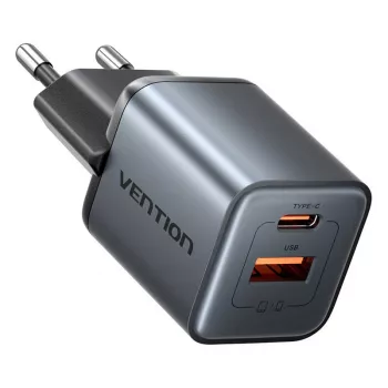 Carregador GaN Vention FEWH0-EU 30W — 1× USB-C, 1× USB-A, 30 W, preto