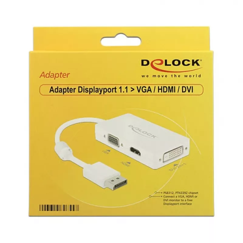Cabo adaptador DELOCK DisplayPort macho > 1 x VGA + 1 x HDMI + 1 x DVI 24+1 branco