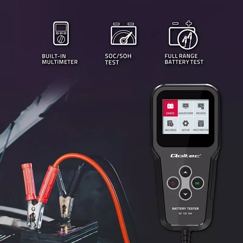 Qoltec 52489 Analisador e testador digital de baterias 3-em-1 com LCD e multilingue 6V | 12V | 24V | 30Ah-200Ah