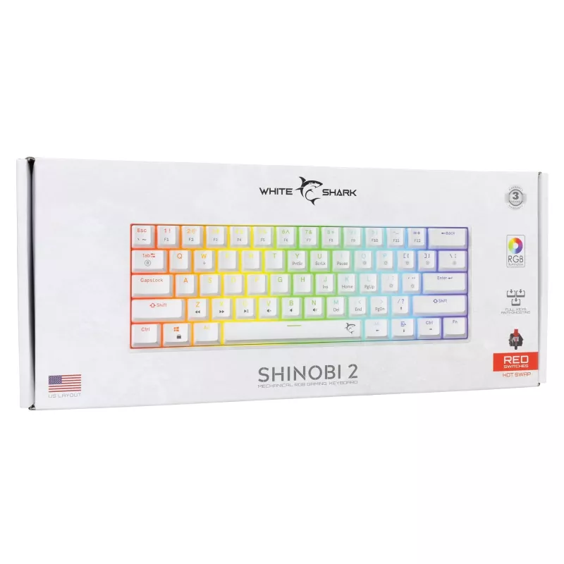Teclado mecânico com fios White Shark Shinobi-2 (GK-004211) — layout US, interruptores Red, branco