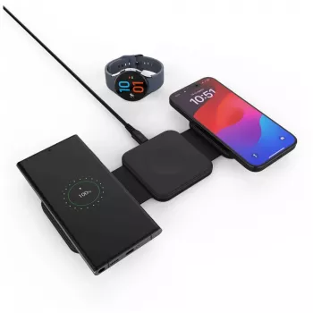 Carregador sem fios dobrável FIXED FIXFLE-SA-BK 3-em-1 para Samsung – carregador portátil compacto para telefone, auriculares, wearables