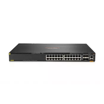 HPE - Aruba 6300M - Switch - L3 - gerido - 48 x 10/100/1000 (1 PoE+) + 4 x 1 Gigabit / 10 Gigabit / 25 Gigabit / 50 Gigabit SFP56 (Uplink / Stacking) Frente e lateral para trás