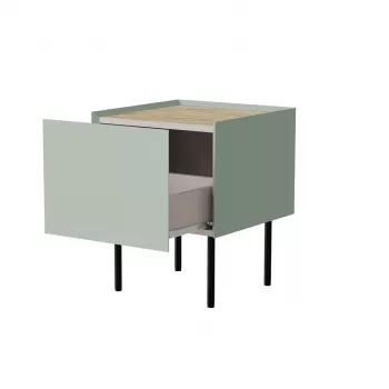 Mesa de cabeceira Cama Meble FELLINI 40x41x60, verde-oliva com tampo de carvalho oleado, 1 gaveta, pack de 2