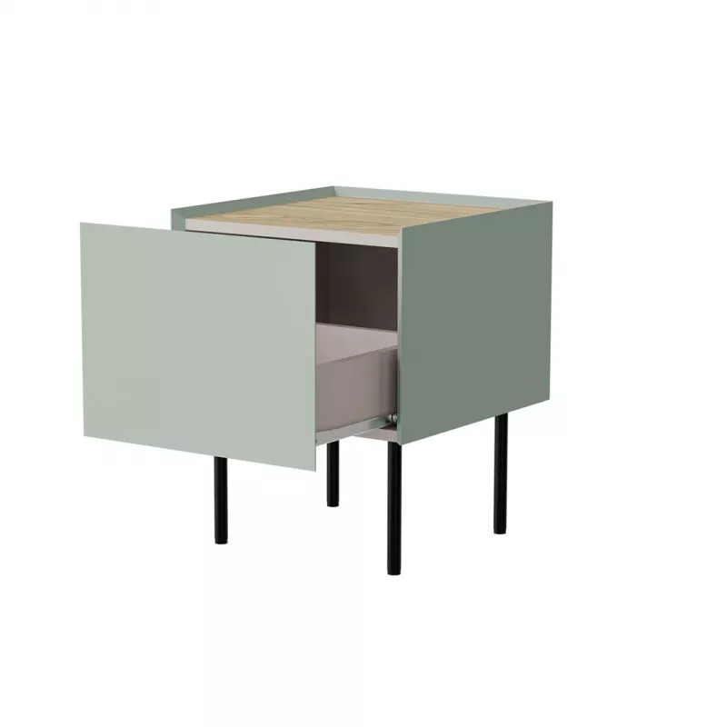 Mesa de cabeceira Cama Meble FELLINI 40x41x60, verde-oliva com tampo de carvalho oleado, 1 gaveta, pack de 2