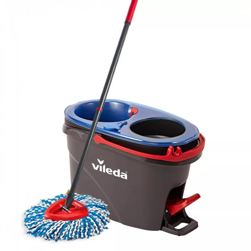 Vileda H2PrO Spin Mop conjunto, esfregona rotativa com sistema de dois depósitos e cabo telescópico, microfibra, preto/vermelho/azul
