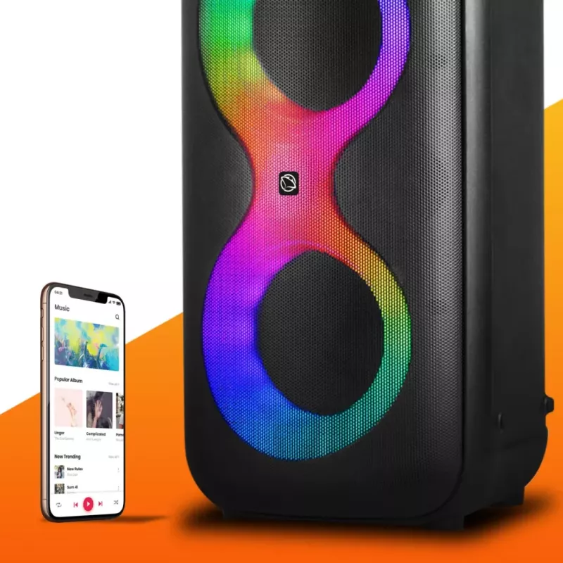 Centro de música portátil MANTA SPK0401B100 coluna Bluetooth, 100 W de potência máxima, rádio FM, karaoke, bateria incorporada, X-BASS