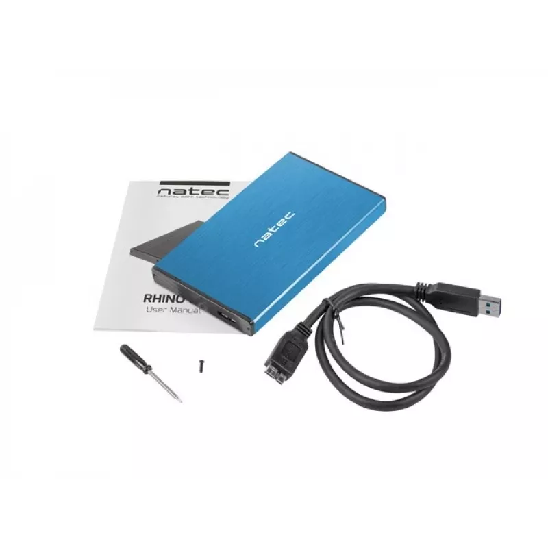 Caixa externa para HDD/SSD NATEC Rhino GO 2,5 polegadas — USB 3.0, SATA III, até 4 TB, 9,5 mm, alumínio, azul