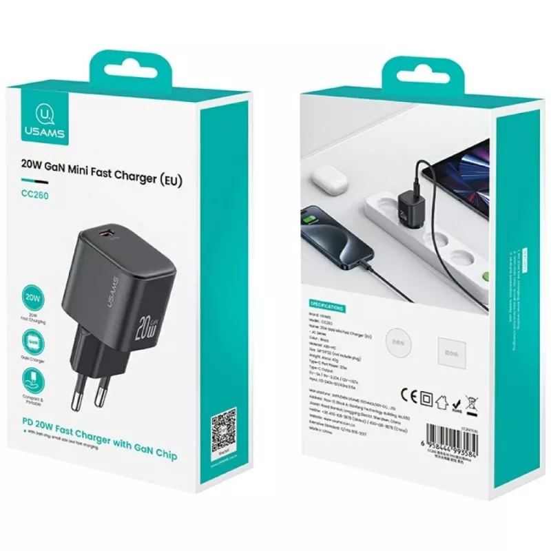 Carregador usams USA001627 20W 1×USB‑C com cabo USB‑C — adaptador de carregamento rápido para telefones e tablets