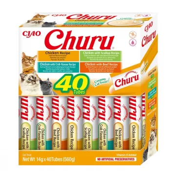 Snack para gatos INABA Churu caixa sortida — snacks de pasta de frango, 40 × 14 g, sem cereais, sem glúten e sem soja