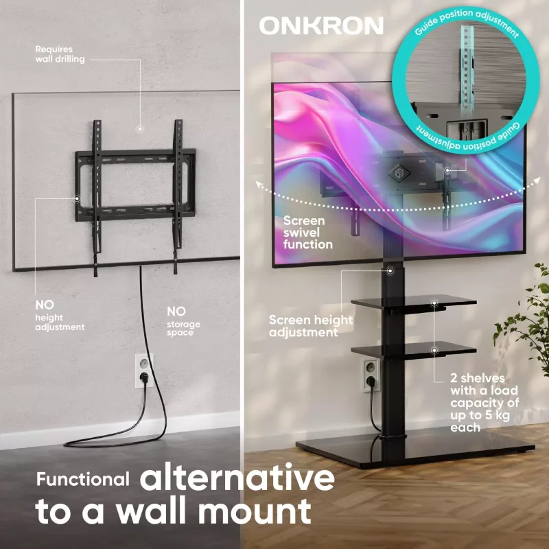Base de TV ONKRON TS5550-B para 32–65 polegadas (81,3–165,1 cm), carga máx. 30 kg, VESA 100x100–600x400, altura 880–1080 mm, orientável ±25°
