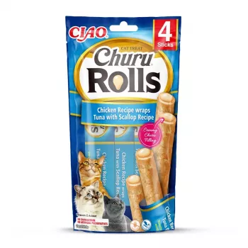 INABA Churu Rolls Receita de Frango Envolvido em Atum com Receita de Vieira - Petiscos para gatos - 4x10 g
