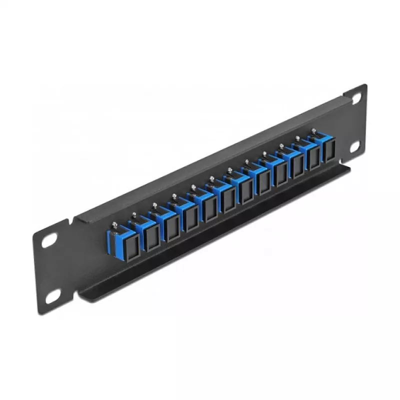 Patch panel de fibra ótica DeLOCK 10 polegadas 12 portas SC simplex azul 1U preto