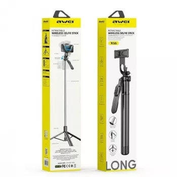 Selfie stick Awei X56 alumínio preto – cabo extensível para smartphones