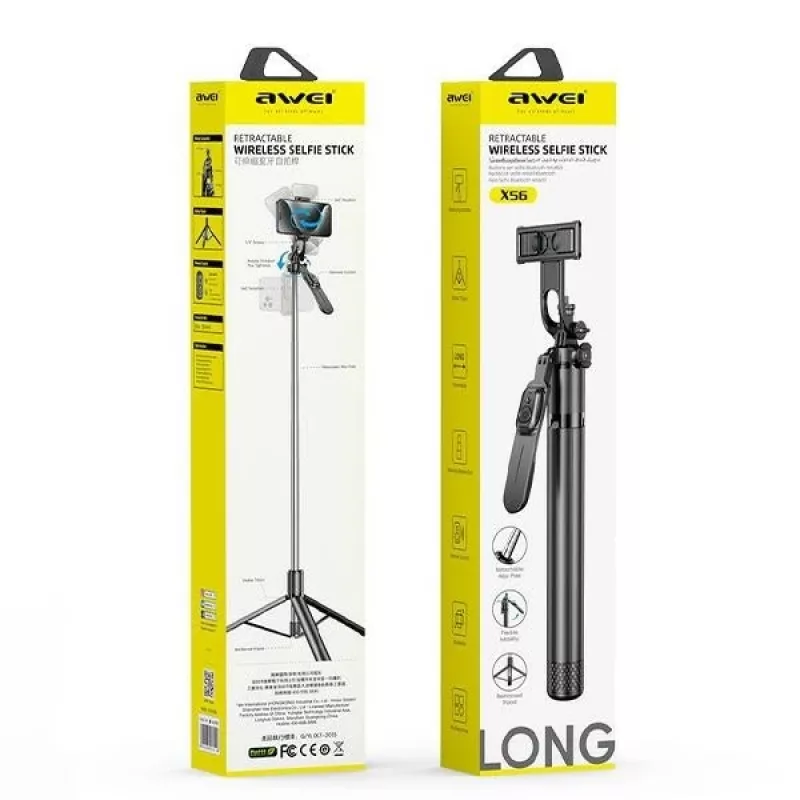 Selfie stick Awei X56 alumínio preto – cabo extensível para smartphones