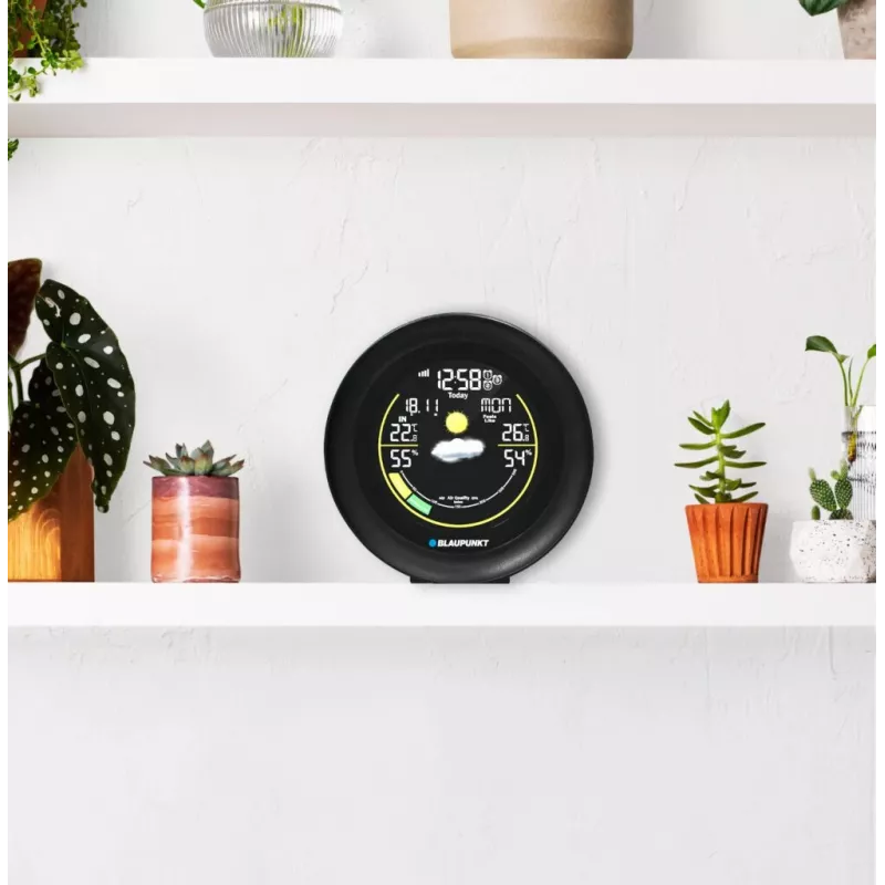 Estação meteorológica BLAUPUNKT WS35BK APP – ecrã LCD, temperatura e humidade, alarme, calendário, conectividade por app, 94×94×27 mm