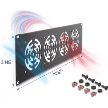 Tampa cega DELOCK 67417 — acessório metálico para rack com 4 ventoinhas integradas, cinzento escuro