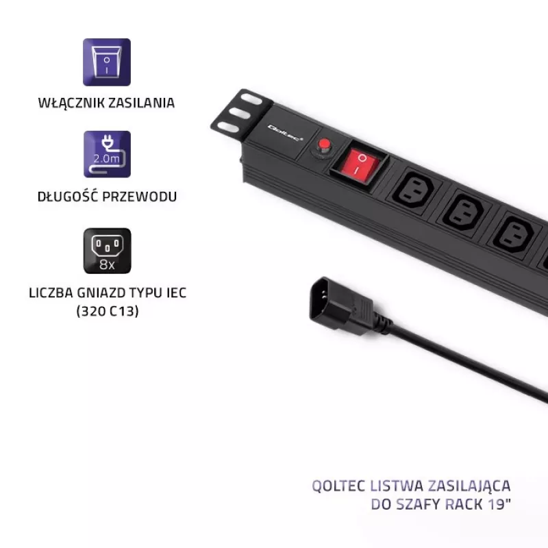 Qoltec 53998 Régua de tomadas para RACK 19 | 1U | 10A | PDU | 8xIEC C13 | 2m