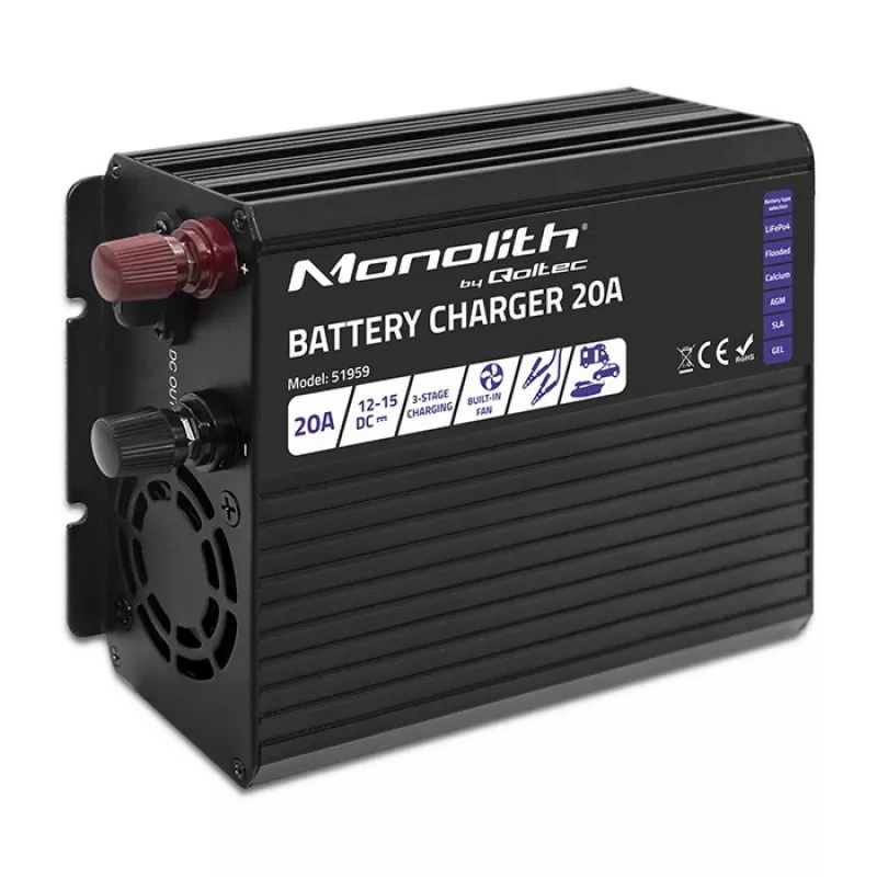 Carregador QOLTEC Monolith 20 A 12 V para baterias LiFePO4, AGM, GEL, SLA