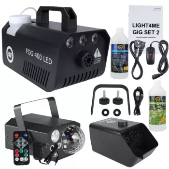 LIGHT4ME GIG Set 2 - conjunto (máquina de fumo + 1 litro de fluido de fumo + máquina de bolas de sabão a pilhas + 1 litro de fluido para bolas de sabão + efeito de luz 4-em-1)