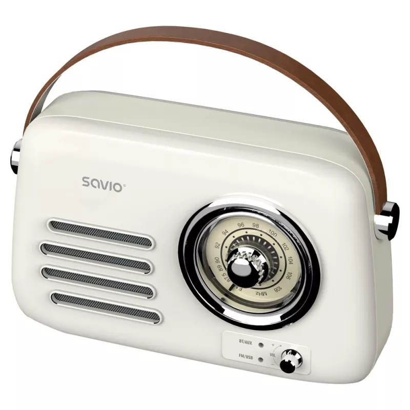 Rádio portátil SAVIO RS-02 — sintonizador FM analógico, Bluetooth 5.3, alimentação USB, 3 W, branco