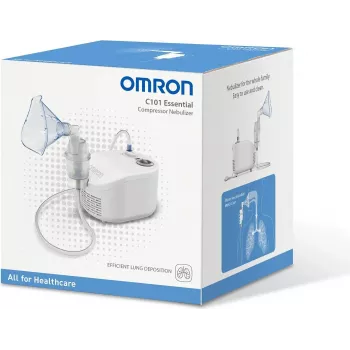 Nebulizador de secretária Omron C101 Essential — nebulizador de malha, 0,35 ml/min, tamanho de partícula 2,6 µm, AC 230V 50Hz, máscara para adulto e criança