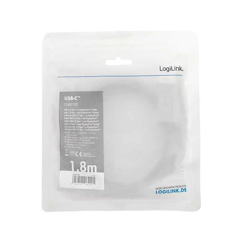 Adaptador de cabo LogiLink CUA0100 DisplayPort USB 3.2 Gen1 Type-C 1,8m preto cinzento