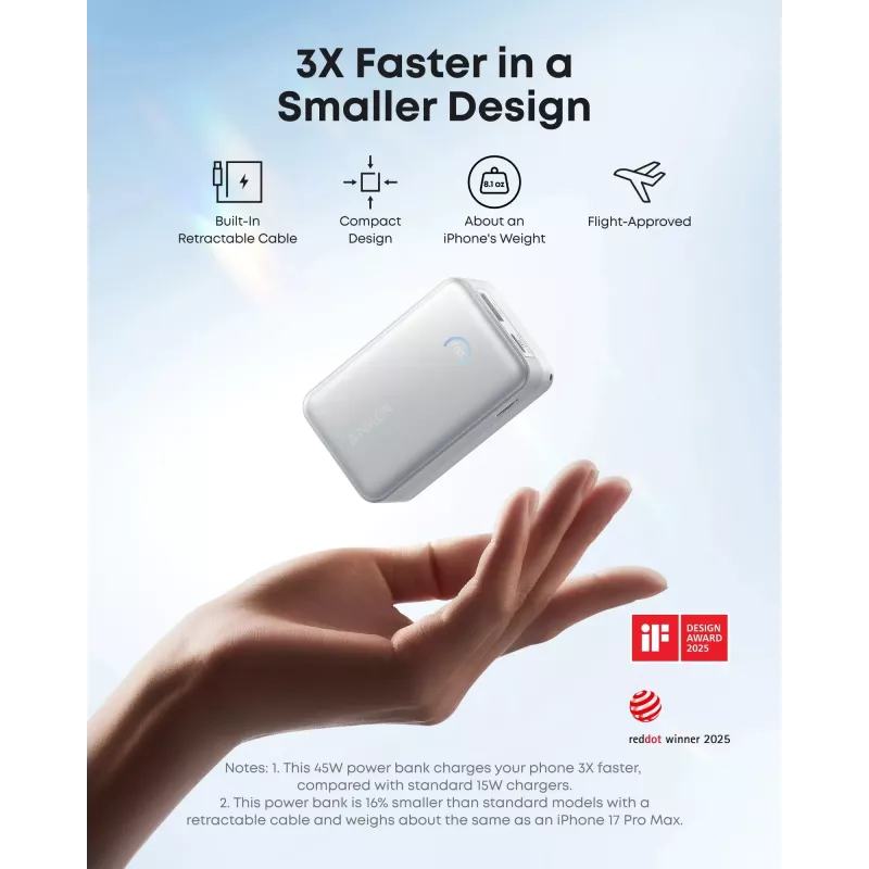 Powerbank Anker A1638 10000 mAh, 45 W de potência total de saída, branco, cabo USB-C retrátil integrado