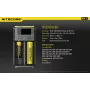 Carregador de pilhas Nitecore NEW i2 — carregador de 2 slots para LiFePO4, Li-Ion, NiMH; entrada 100–240V; saída 9–12V; suporta AAAA/C/D/AAA/AA; preto