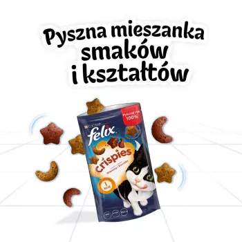 Petiscos secos para gatos Felix Crispies vaca e frango 45 g — snack crocante de carne para gatos adultos, 31,5 % proteína, 15,5 % gordura