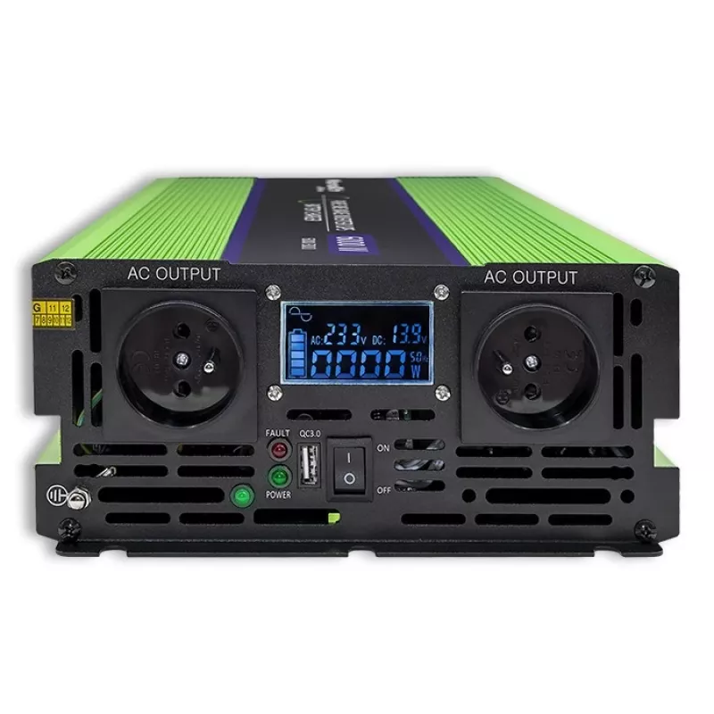 Qoltec Monolith Conversor de tensão | Carregamento de bateria | UPS | 2000W | 4000W | 12V para 230V | Onda sinusoidal pura | LCD preto-verde